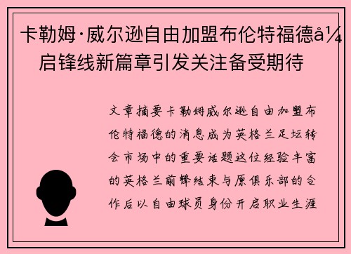 卡勒姆·威尔逊自由加盟布伦特福德开启锋线新篇章引发关注备受期待